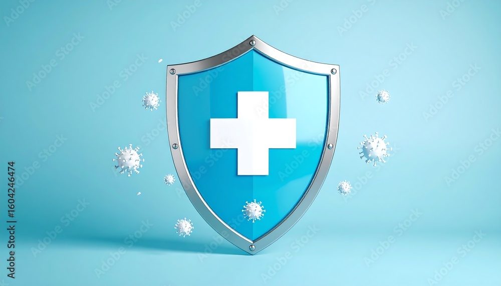 Obraz premium Blue shield with white cross, surrounded by viruses