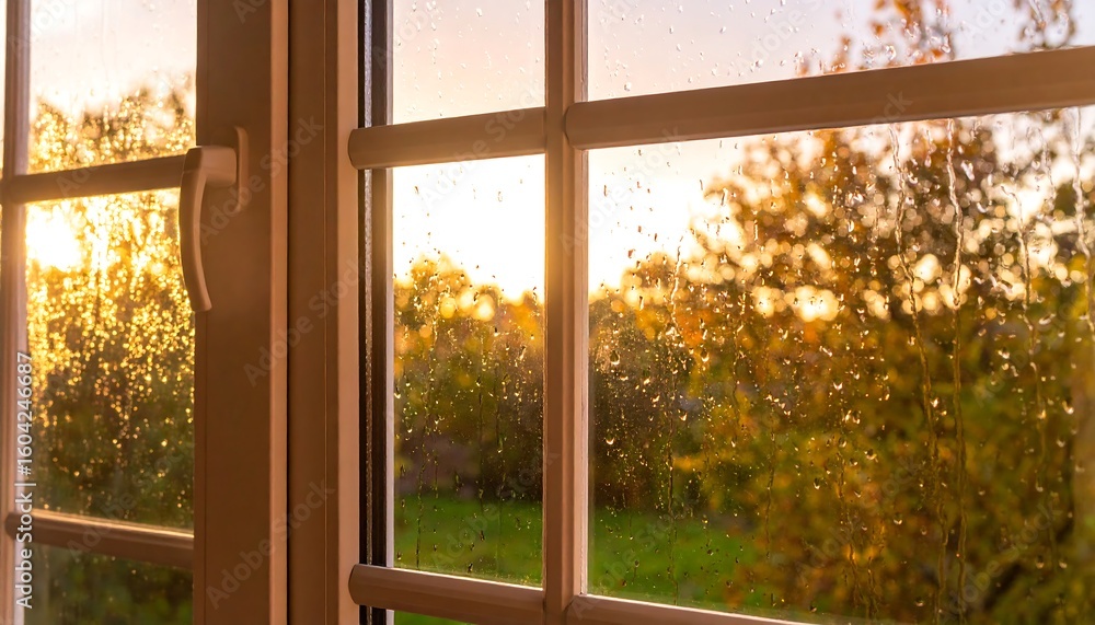 Naklejka premium Window view of autumn sunset through rain-streaked glass