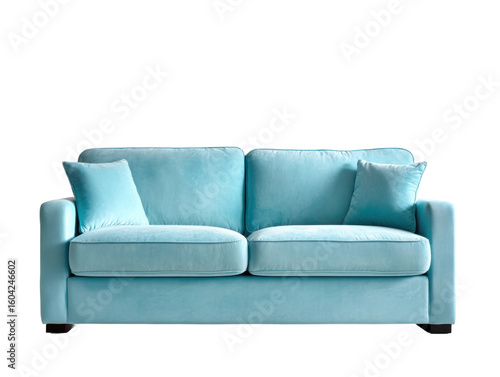 Relaxing blue couch for modern living room indoor furniture design. Isolated on transparent background, png.