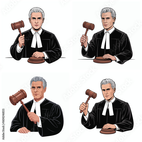 Four Illustrations of a Male Judge with Gray Hair in a Black Robe Holding a Gavel Each image shows the judge from the chest up seated at a