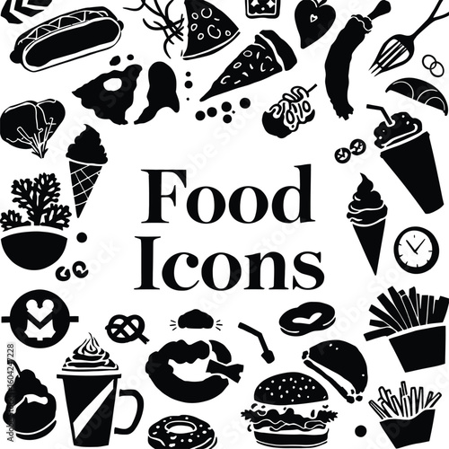 A black and white graphic illustration of various food icons arranged in a square composition format