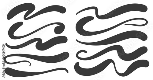 Underline swoosh and swash vector hand drawn calligraphy signs. Vector curly strokes. Decorative elegant elements. Squiggly wavy flourish