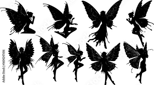 vector silhouette of a fairy tale fairy with wings tattoo on a white background