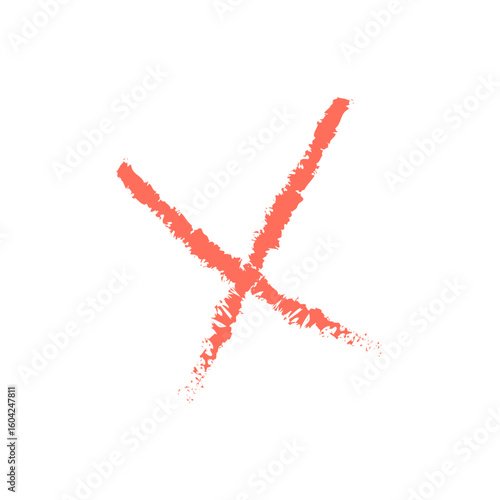 Hand-drawn red X symbol with rough brushstroke texture on transparent background, vector