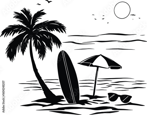 Black and white illustration of a beach scene with a palm tree surfboard and umbrella on the sand