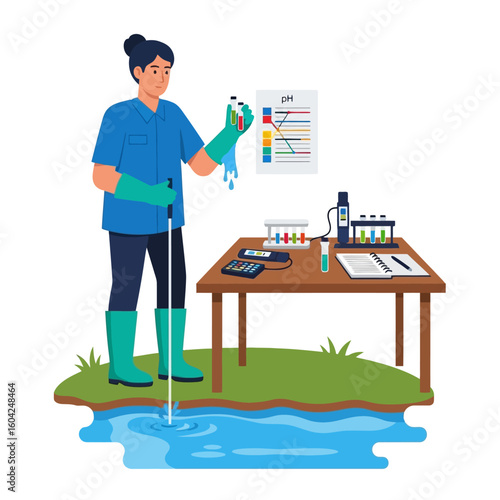 Female Scientist Analyzing Water Sample with Scientific Equipment