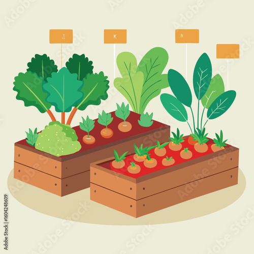 Raised garden beds with leafy greens and root vegetables carrots spinach