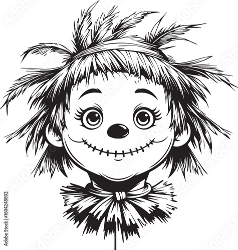 Harvest Season's Watch: A whimsical scarecrow, featuring a stitched smile and straw hair, stands as a playful emblem of autumn and harvest time.