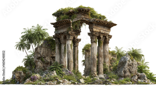 Ancient Ruins: Majestic ancient ruins featuring weathered columns, crumbled stone, and lush vegetation, isolated on a Transparent background, PNG file.