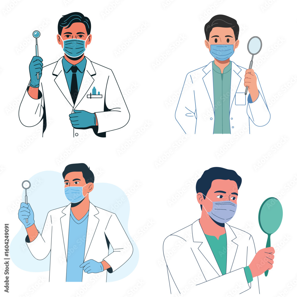 Four Illustrations of Dentists Wearing Masks Holding Dental Tools One Holds a Mouth Mirror Another Holds a Dental Mirror and Two Hold Tongue Four Illustrations of Dentists Wearing Masks Holding Dental Tools One Holds a Mouth Mirror Another Holds a Dental Mirror and Two Hold Tongue