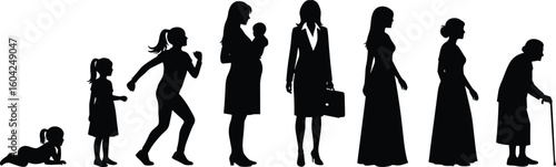 Life stages of a woman from infancy to old age, growth evolution timeline, aging process, human development, silhouette illustration