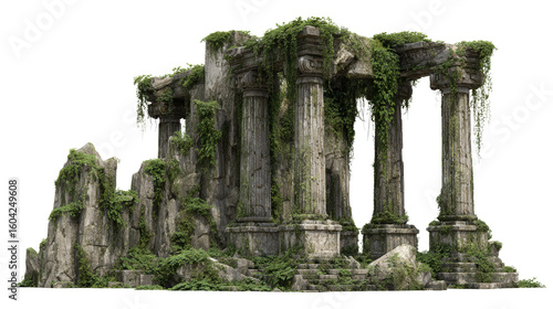 Ancient Ruins: Weathered ancient ruins with moss-covered stones, crumbling pillars, and overgrown vines, isolated on a Transparent background, PNG file.