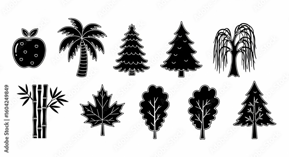 Fototapeta premium Tree Doodle Icon Set – Hand Drawn Apple, Palm, Pine, Willow, Bamboo, Maple, Oak, Cypress Vector Sketch for Nature Themes
