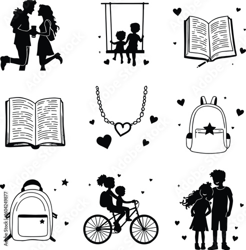 Collection of black and white illustrations featuring love, school, and childhood themed graphics