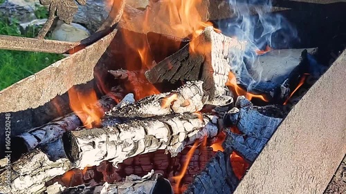 Close-up of burning firewood on barbecue outdoors in sunny weather.