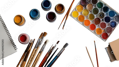 Art Supplies - Brushes and Colors: A flat lay of art supplies like brushes, colors, and canvas, isolated on a Transparent background, PNG file.