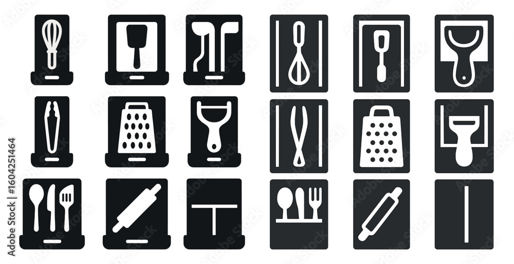 Fototapeta premium Kitchen tools solid icons set – filled, flat, cooking and culinary symbols