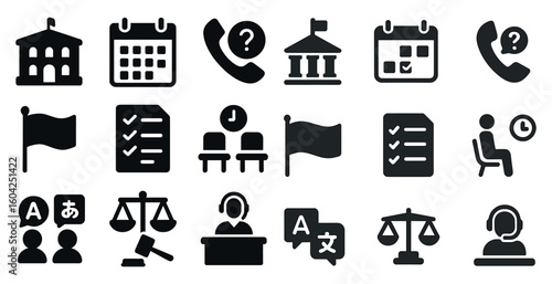 Government and services solid icons set – filled, office and administration symbols