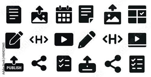 Content management solid icons set – publishing, sharing, multimedia symbols