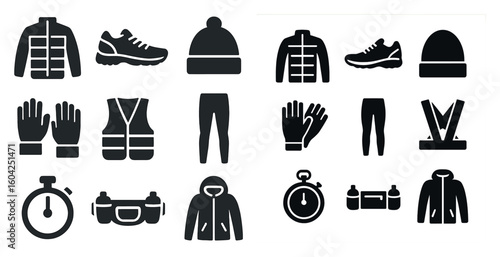 Winter sports silhouette icons set – solid, filled, cold weather gear symbols