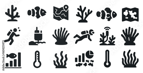 Underwater exploration icons set – solid, silhouettes, marine and diving symbols
