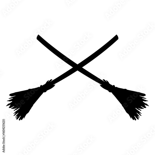 Icono con silueta de 2 escoba de bruja cruzadas para su uso en felicitaciones y tarjetas de Halloween