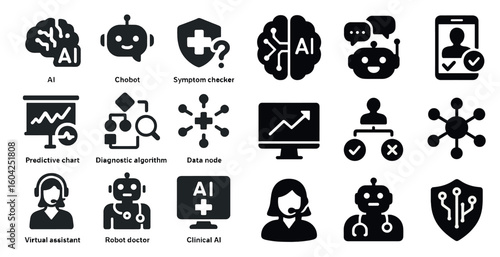 Artificial intelligence solid icons set – filled, ai, tech and innovation symbols