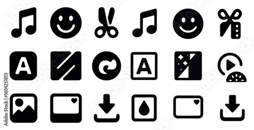Music and entertainment icons set in solid style – flat, filled, fun designs