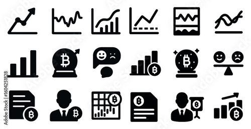 Financial and crypto solid icons set – filled, bitcoin, economic symbols