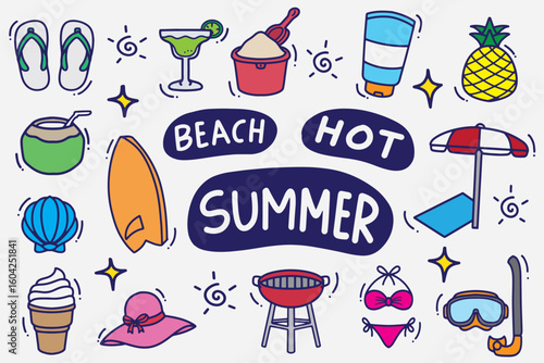 set of summer doodle with color good for background, wallpaper, element design, icon, etc