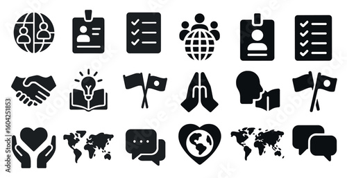 Business networking solid icons set – corporate, partnership, communication symbols