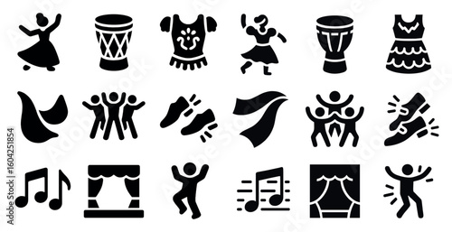 Cultural dance solid icons set – silhouette, filled, music and festival symbols