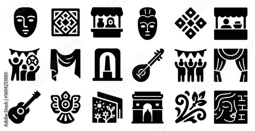 Festival and celebration solid icons set – vibrant, filled, cultural and event symbols