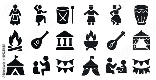 Festival and cultural icons set – solid, silhouette, music and dance symbols