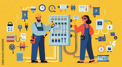 Electricians Working on Distribution Box Electrical Maintenance