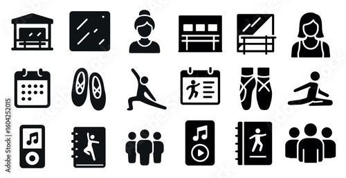 Dance and fitness solid icons set - filled, exercise and health symbols