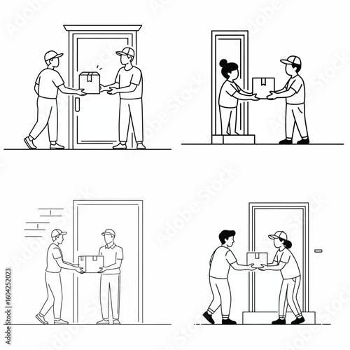 Four Line Drawings Illustrating Package Delivery Scenarios Showing Courier and Recipient Interactions at Doorsteps