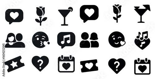 Romantic and love silhouette icons set – solid, filled, affection symbols