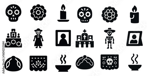 Day of the dead solid icons set – silhouette, filled, mexican celebration symbols