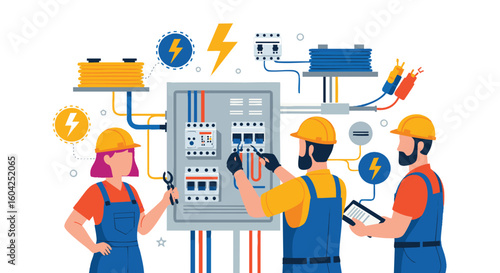 Electricians Working on Power Distribution Panel