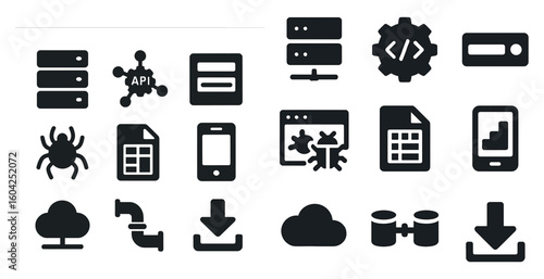 Technology and development solid icons set – web, api, coding tools