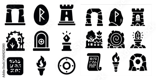 Fantasy and adventure silhouette icons set – mystical, role-playing symbols
