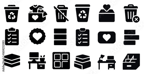 Recycling and waste management solid icons set – filled, garbage, eco-friendly symbols