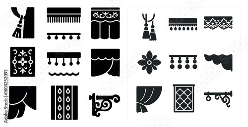 Curtain and drapery solid icons set – silhouette, filled, home decor symbols