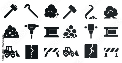 Construction tools solid icons set - flat, filled, building and equipment symbols