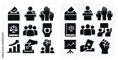 Election and voting silhouette icons set – solid, civic engagement, democratic symbols