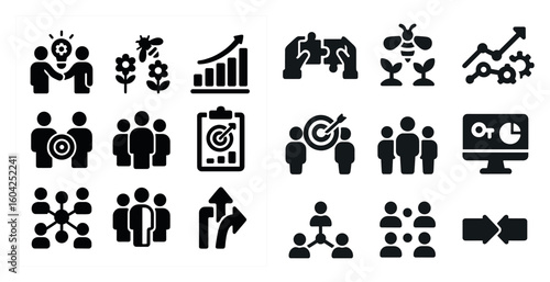 Teamwork and collaboration solid icons set – filled, business, productivity symbols