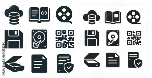 Data and technology solid icons set – filled, digital, tech-related symbols