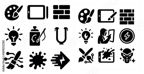 Art and design solid icons set – filled, graphic, creative tools collection
