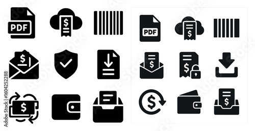 Finance and document solid icons set – filled, secure exchange, file management symbols